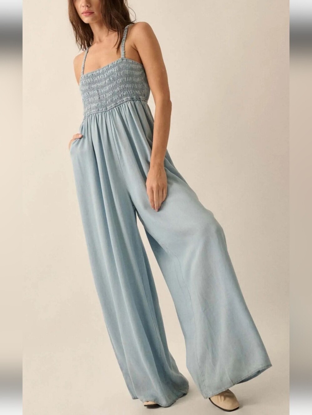 NWT Promesa Blue Smocked Wide-Leg Jumpsuit